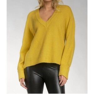 Elan Anthropologie Sylvie Plunge V Neck Wool Sweater Fuzzy Fox Wool Gold: M